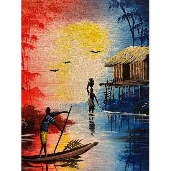 African Hand Painted Original Oil Canvas Ghana Fishing Sunset Boat Sky Beautiful